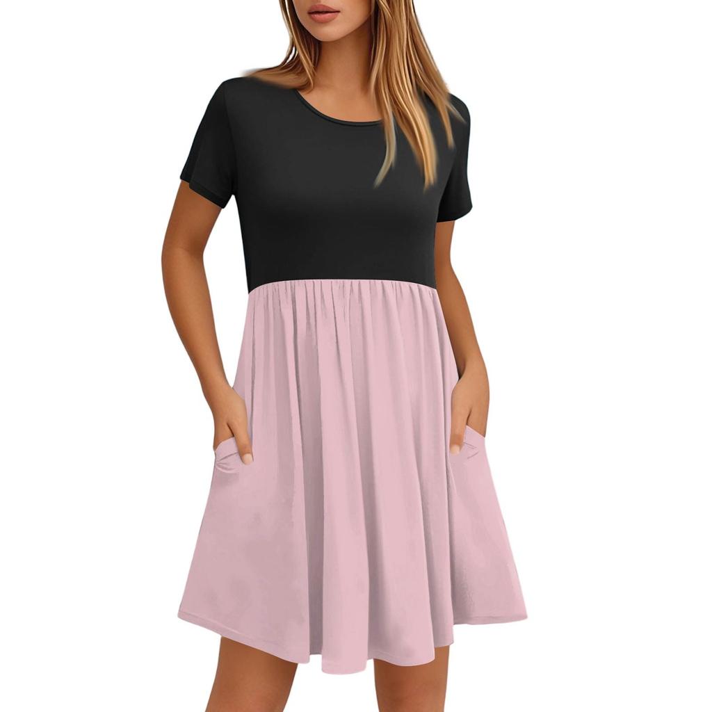 Women's Fashion Casual Loose Round Neck Short Sleeve Colour Block Pocket Dresses