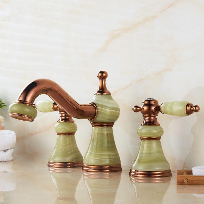 Tuqiu Luxury Rose Gold Bathroom Faucet Brass Jade Basin Faucet Widespread Sink Faucets 3 Hole Hot Cold Sink Faucet Water Tap