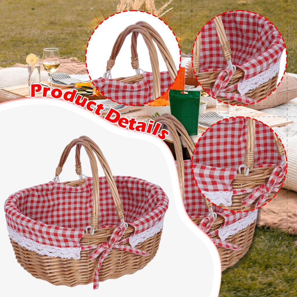 Picnic Basket with Lid Lightweight Handwoven Storage Basket Handmade Woven Basket Storage Bin for Park Chips Vegetables Fruits