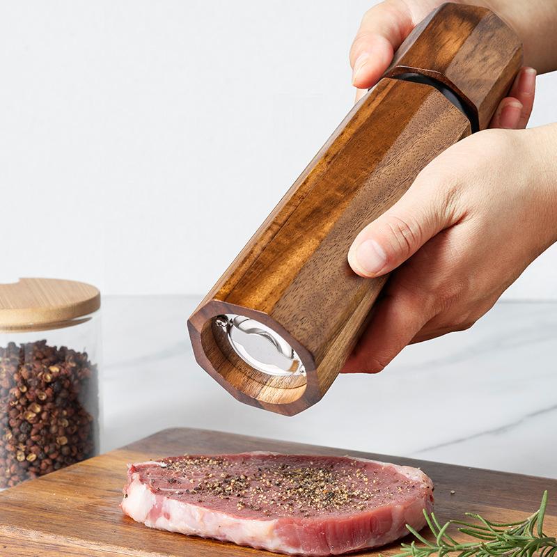 European-style Acacia Wood Pepper Grinder with Ceramic Core and Steel Ring Coarse and Fine Manual Grinder Set Kitchen Accessory