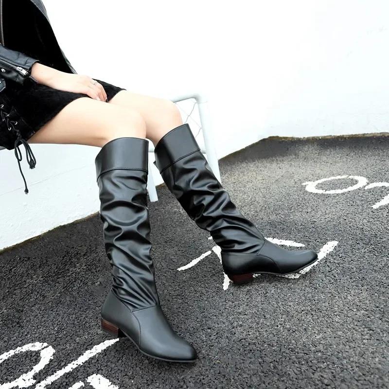 Fashion Shoes for Women Fashion Sleeve Women's Boots Spring Autumn Round Toe Solid High Tube Low-heeled Plus Size Boots Zapatos Mujer