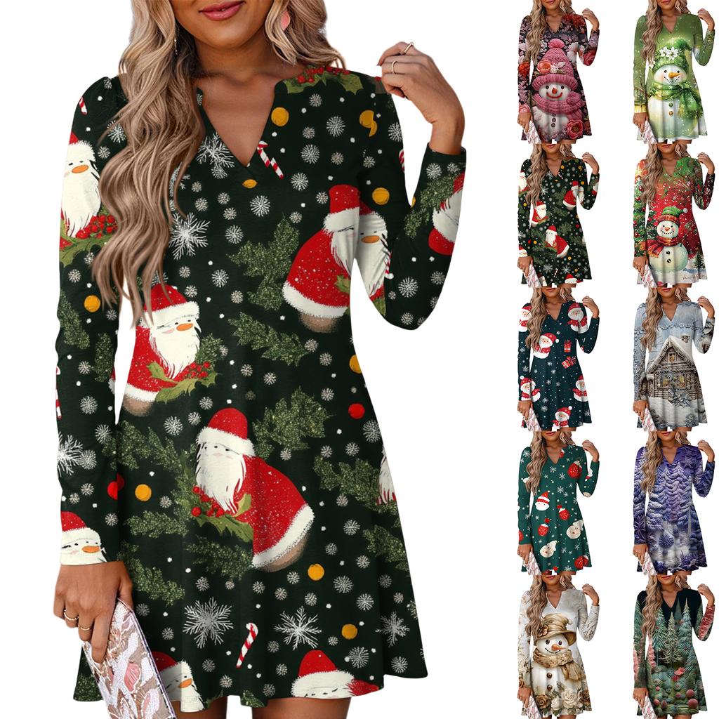 Women's Christmas Printed Dress Loose V-neck Casual Long Sleeved Dress