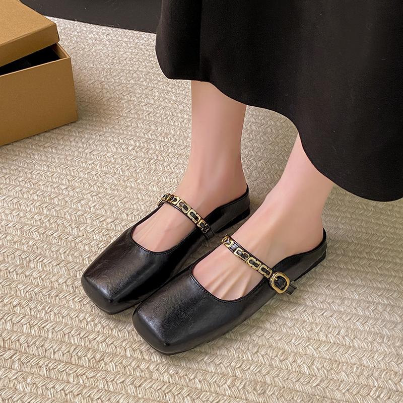 CRLAYDK Mules for Women Square Toe Buckle Flats Comfortable Slip On Shoes Leather Backless Loafers Lady Work Dress Slides