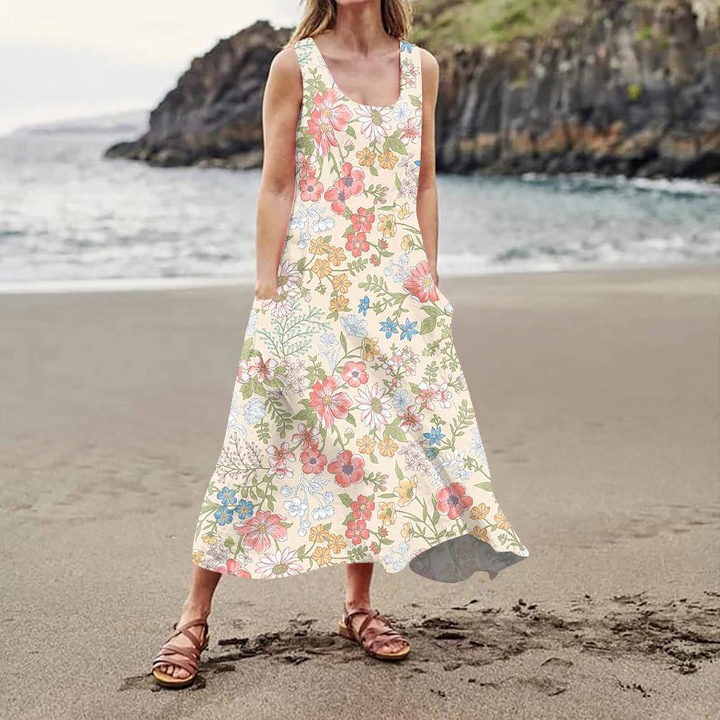 Lässiges, bequemes, ärmelloses Baumwolltaschenkleid mit Blumendruck für Damen