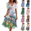 Women’s V Neck Short Sleeve Floral Print Midi Dress Lightweight Chiffon A Line Summer Casual Dress for Daily Wear