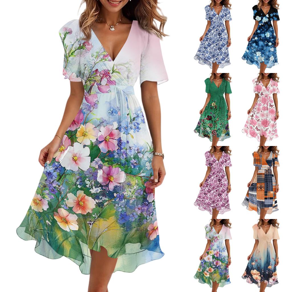 Womens Casual V Neck Short Sleeve Floral Print Midi Dress Vintage Style Lightweight Soft Fabric Flowing Skirt for Daily Wear