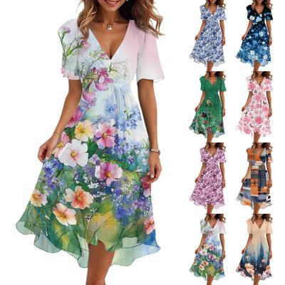 Robe midi florale décontractée pour femme à col en V et manches courtes Style vintage Tissu léger et doux Jupe fluide pour un usage quotidien
