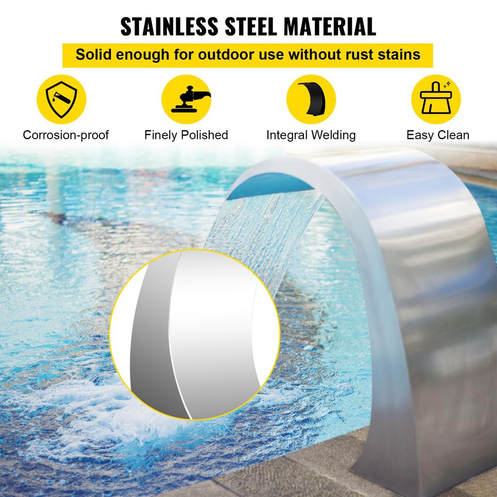 VEVOR Pool Waterfall Fountain Stainless Steel Fountain 15.4\" x 7.9\" x 1.5\" Silver Pool Fountains for Ground Pools Garden Outdoor Waterfalls Sheer