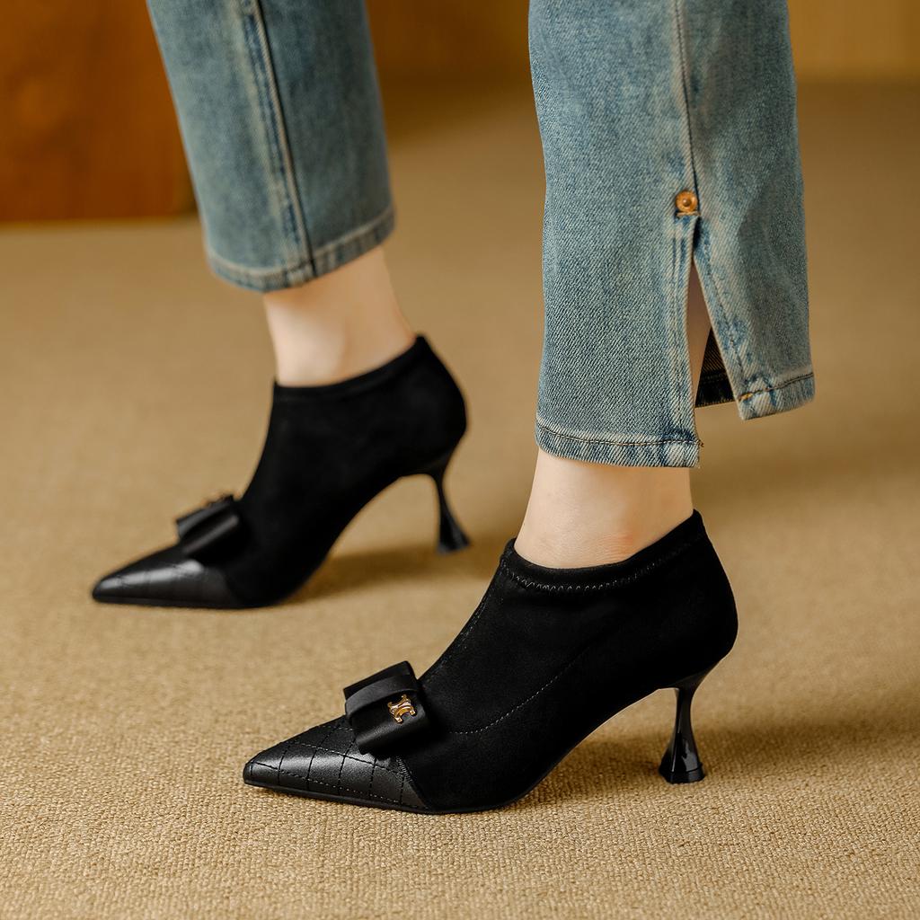 Black Xiaoxiangfeng deep mouth high heels women's autumn and winter new splicing thin heel pointed elastic thin boots bare boots