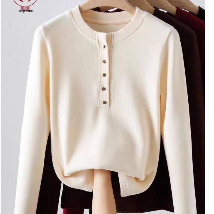 Women's 270g Slimming Long-Sleeve Fleece T-Shirt, Spring/Autumn 2025 Style, Button-Up Round Neck