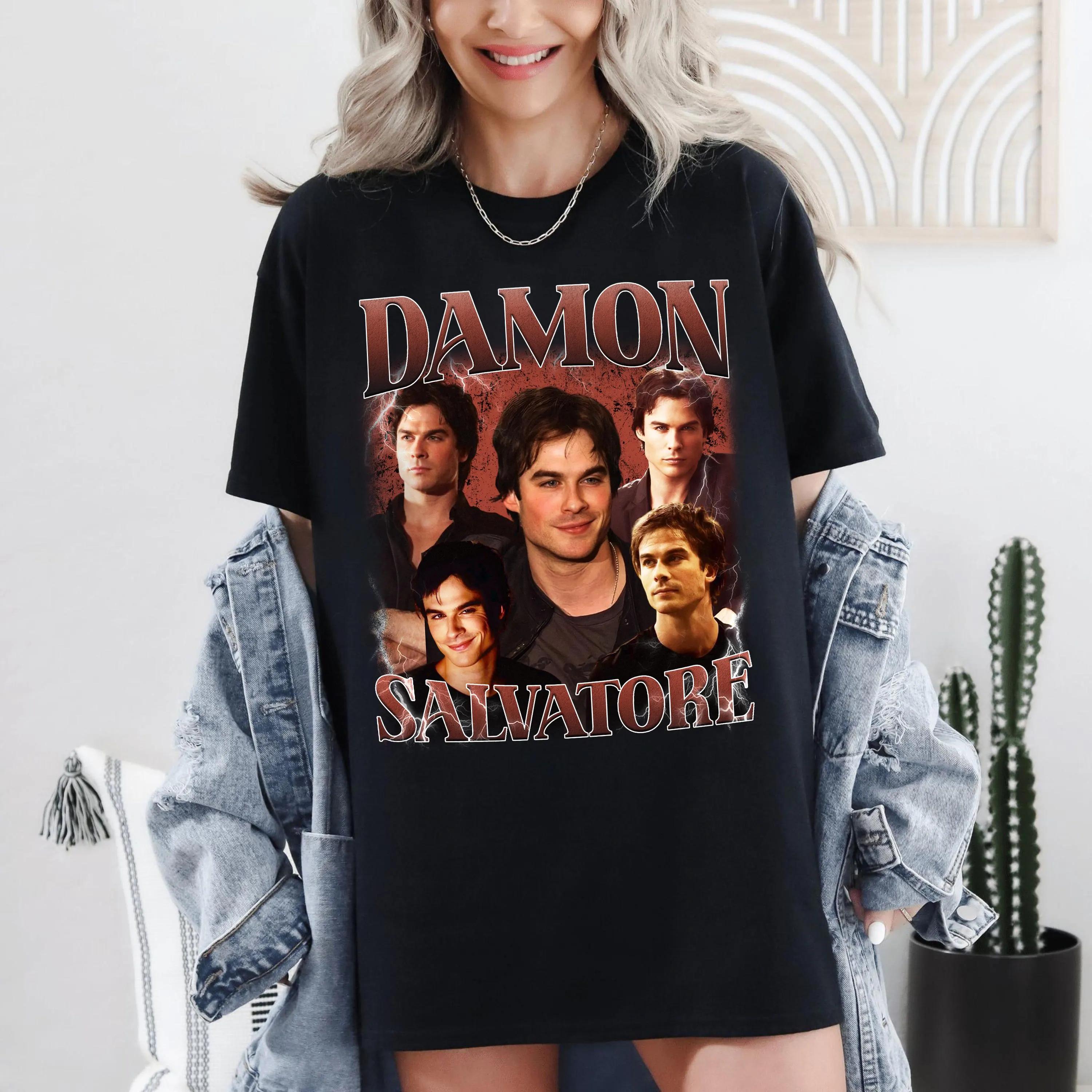 Damon Salvatore Pattern Printed Tshirt for Womens TV Drama Top SpringSummer Unisex Cotton Short Sleeve Unisex Tshirt S