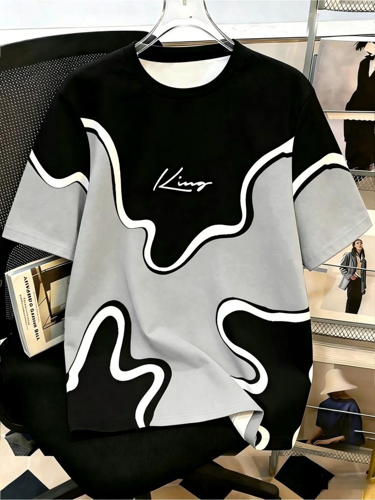 European and American men's summer spliced striped letter print soft and breathable round neck T-shirt outdoor casual top