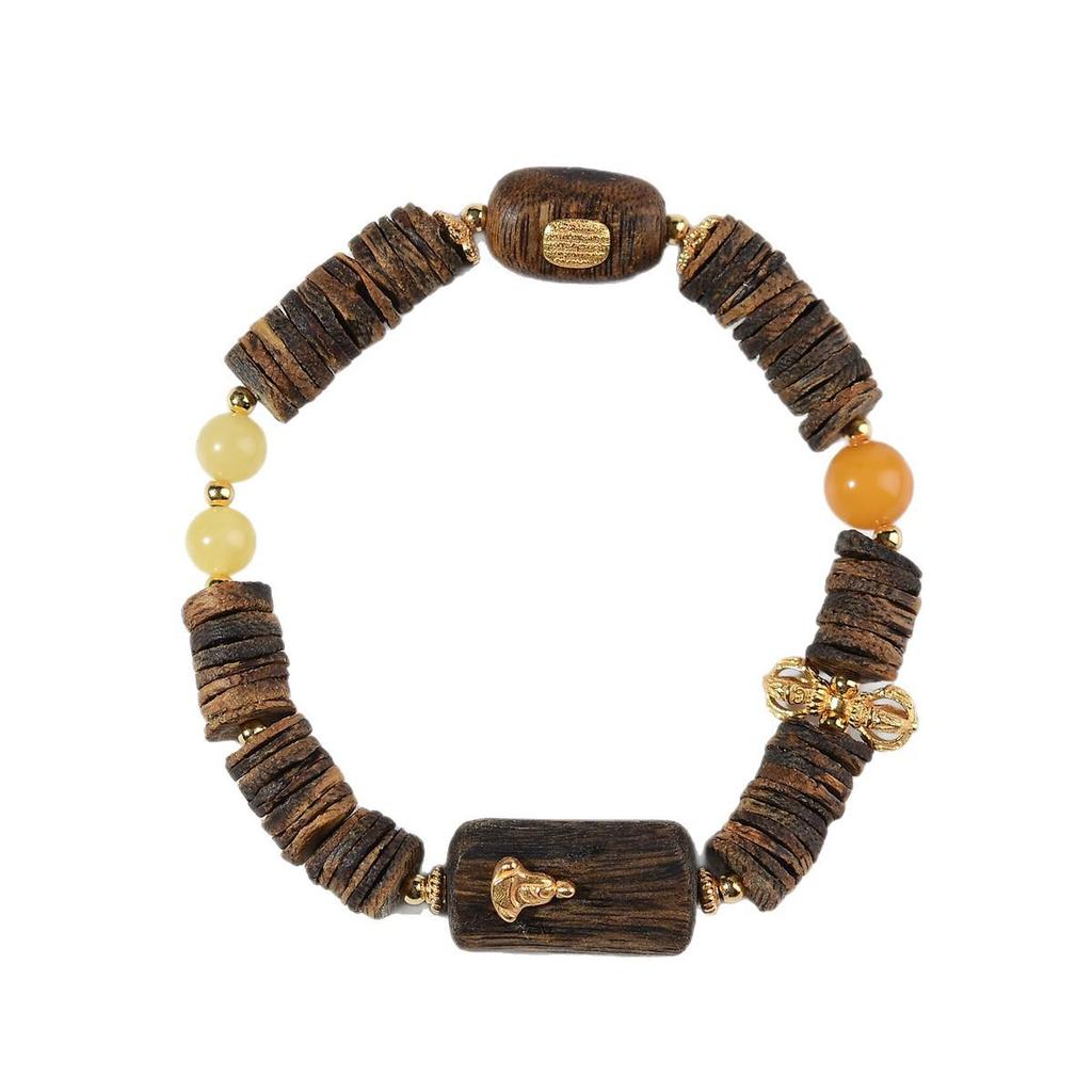 Amber Round Bead Bracelet with Natural Agarwood and 925 Silver Inlay