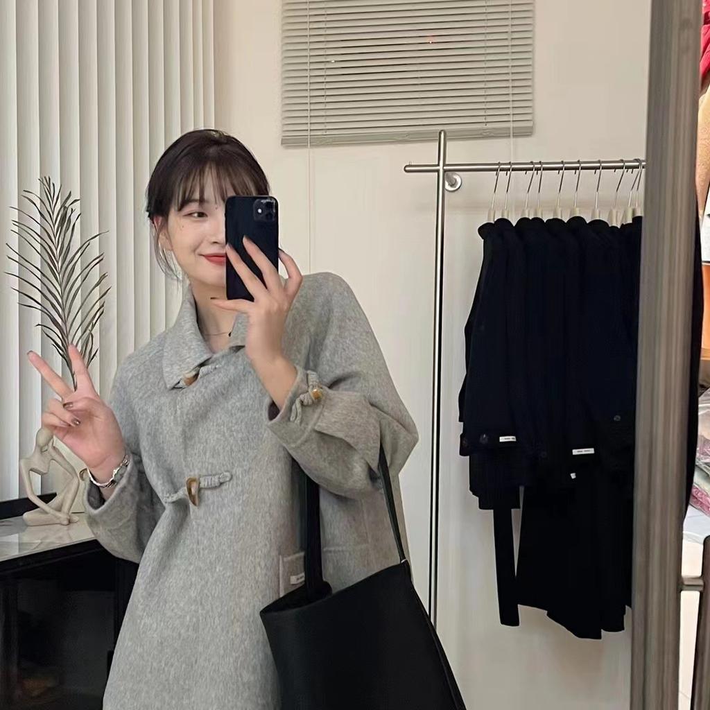 Autumn and winter new woolen coat women's horn buckle thickened high-end medium and long double-sided cashmere coat