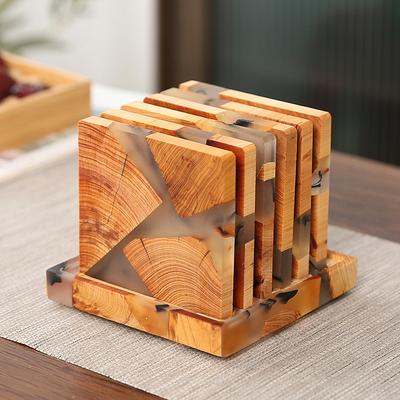 Wood Resin Coasters with Holder Set Coffee Coasters Unique Drink Coasters for Coffee Table Home Decoration Wooden Tea Coaster