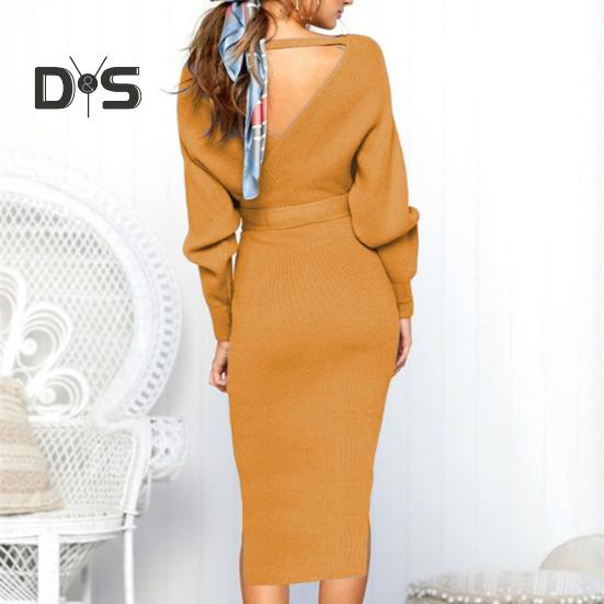 Women Fall Winter Dress V Neck Lace Up Belted Tight Waist Solid Color Knitted Elastic Mid Calf Length Long Sleeve Slim Fit Lady Commute Dress