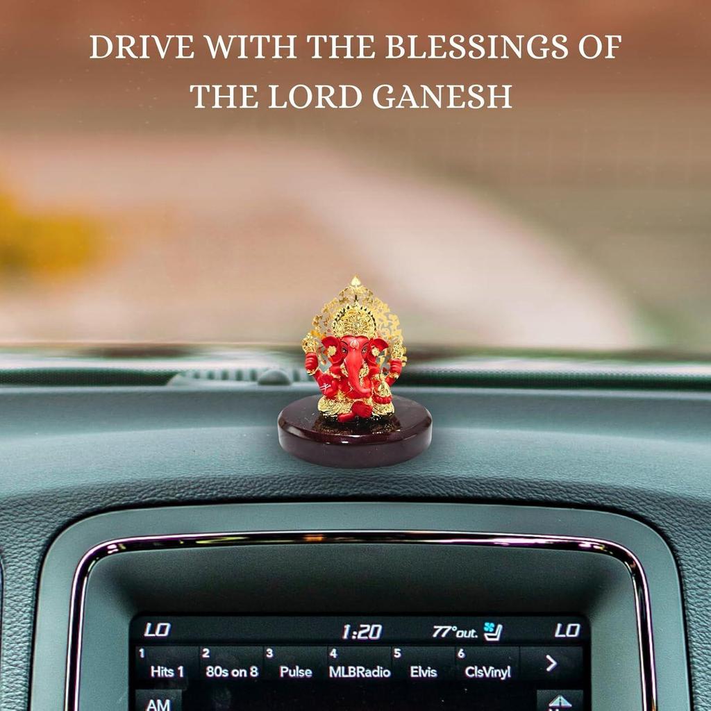 Tree Ganesh Idol Ganpati Murti for Car Dashboard, Office Desk, Hindu God Gift & Home Decor - Resin (Red) - 3 Inches - Pack of 1