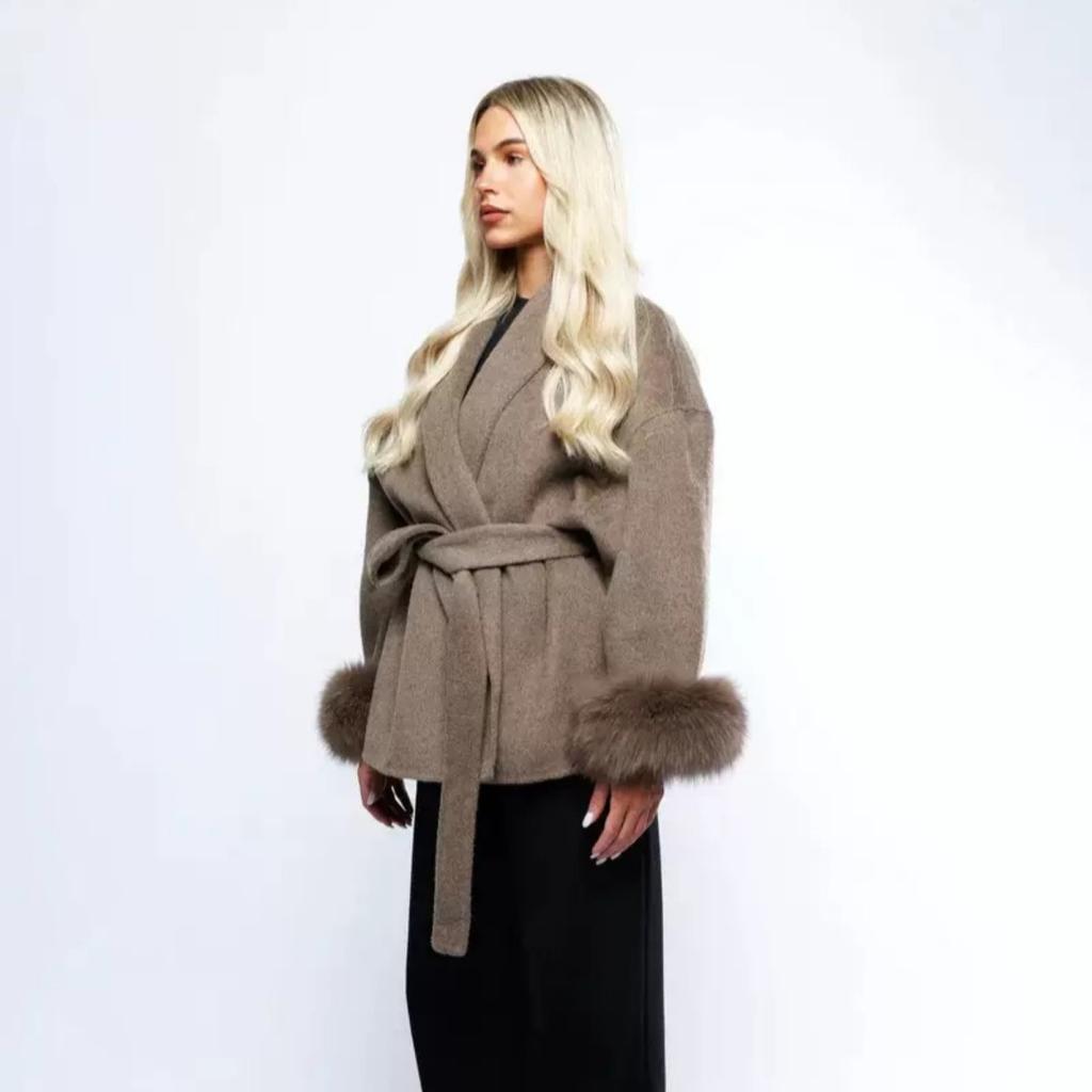 VAYLA Chic Lapel Plush Coat With Belt Women Vintage Solid Faux Fur Sleeve Tweed Open Coats Female Autumn Casual Street Outwear