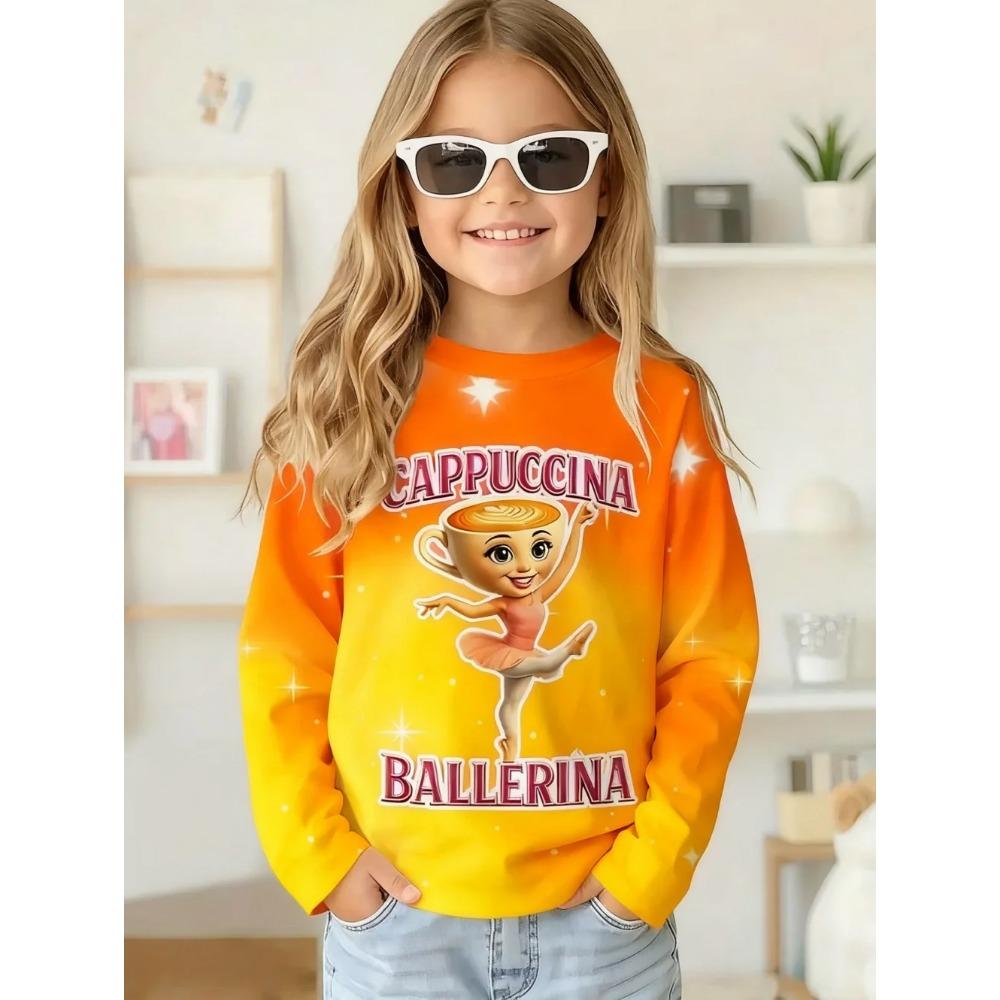 Spring and Autumn Round Neck 3D Cappuccina Ballerina Printed Top Fashionable Casual Long Sleeved Children's Girl T-shirts