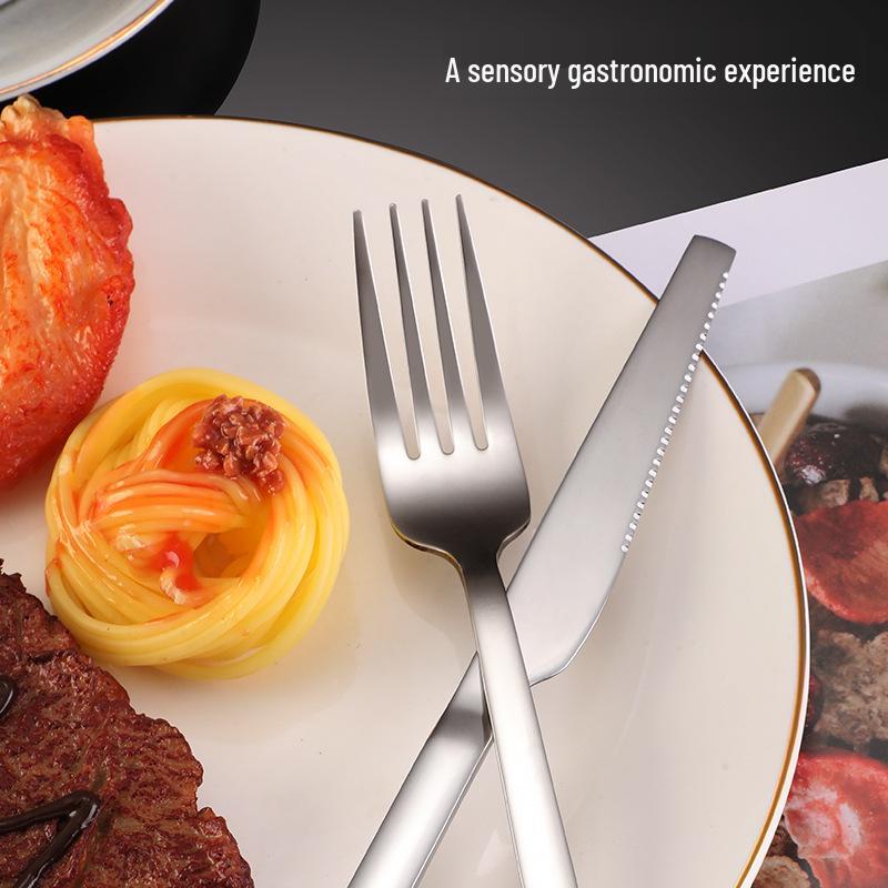 Square Handle Stainless Steel Cutlery Set: Knife, Fork, and Spoon for Hotels and Restaurants.