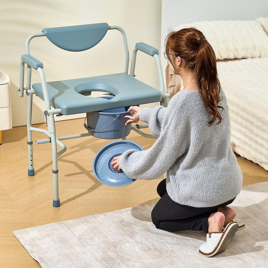 Commode Chair, Bedside Commode with Drop-Down Arms and Detachable Backrest, 5-Level Adjustable Height, 7L Removable Bucket, Easy to Assemble, 1000LBS