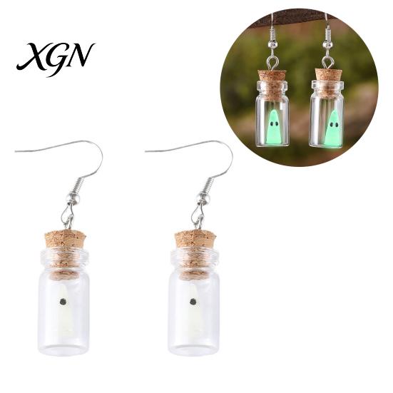 Unique Handmade Fantasy Gift Glow Ghost Necklace, Glow-in-the-dark in Bottle Pendant, Cute Halloween Party Favors Necklace Earrings, Gothic