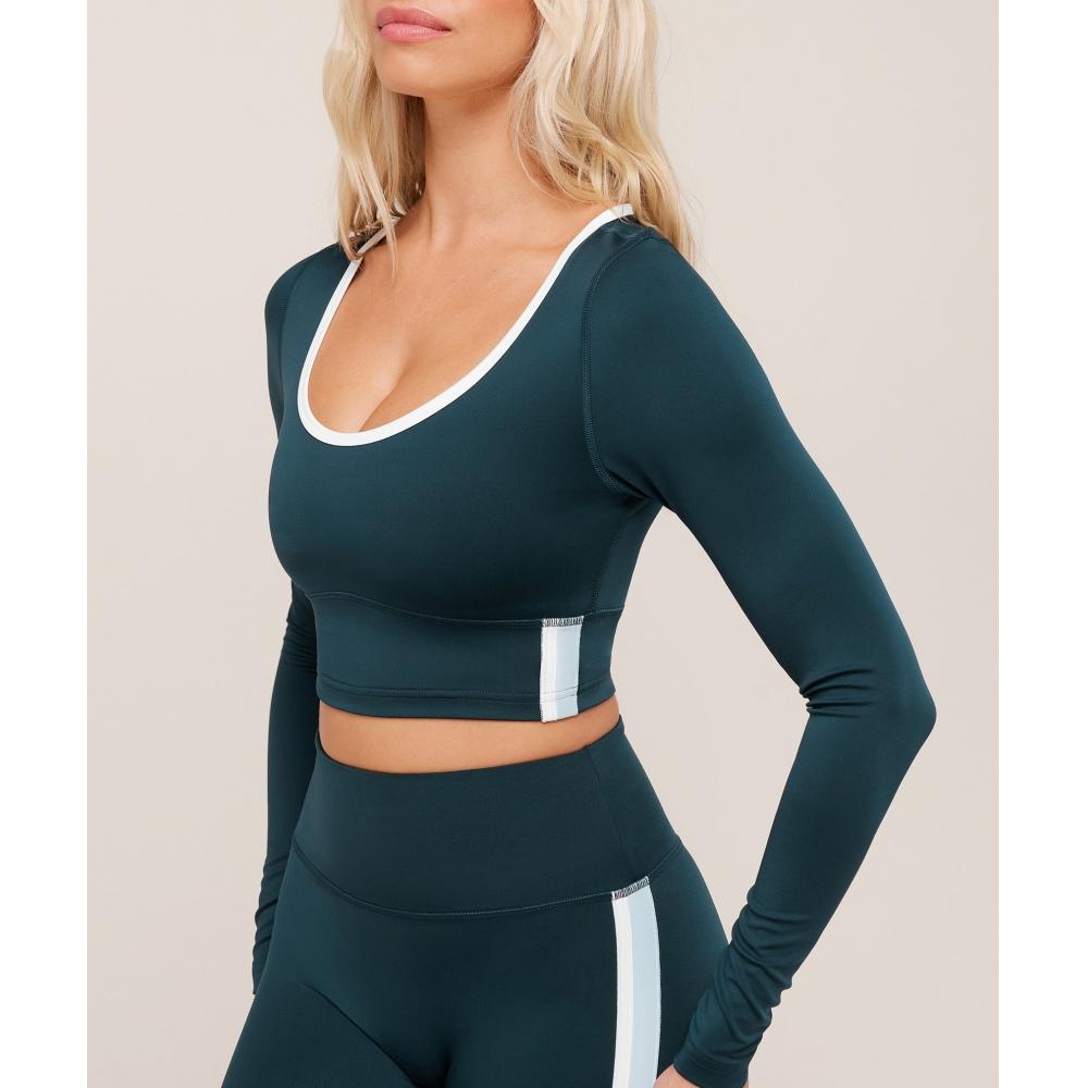 Gymshark Piping Long Sleeve Crop Top Deep Petrol Blue Smoke Blue Soft White B4c3t Udxp