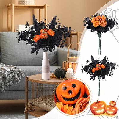 Halloween Black Flower,16.9 Black Rose Maple Leaves Ghost Face Halloween Decor Artificial Flowers For Halloween,Parties,Home Decor,Weddings,Bar