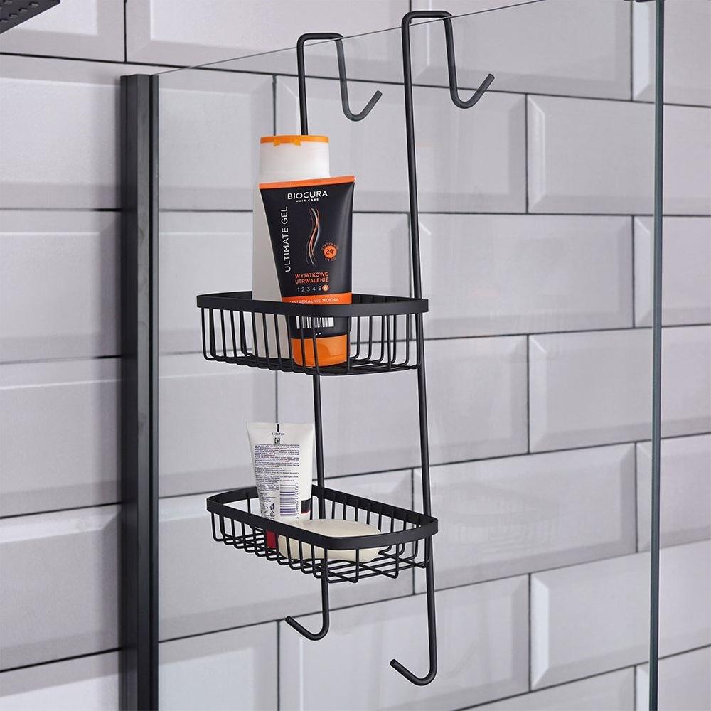 Bathroom Shelf Hanging on the Glass of a Shower Cabin for Cosmetics