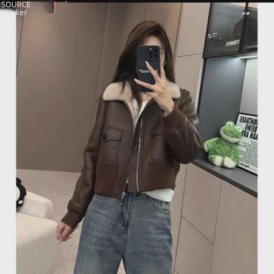 Maillard Women's Winter Short Leather Jacket - Stylish Thickened Motorcycle Coat with Lamb Wool.