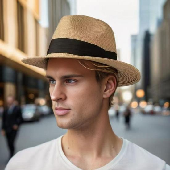 Panama Hat Women Men Wide Brim Straw Beach Hat Ribbon Decor Breathable Elastic Fit Summer Sun Hat Vacation Accessory