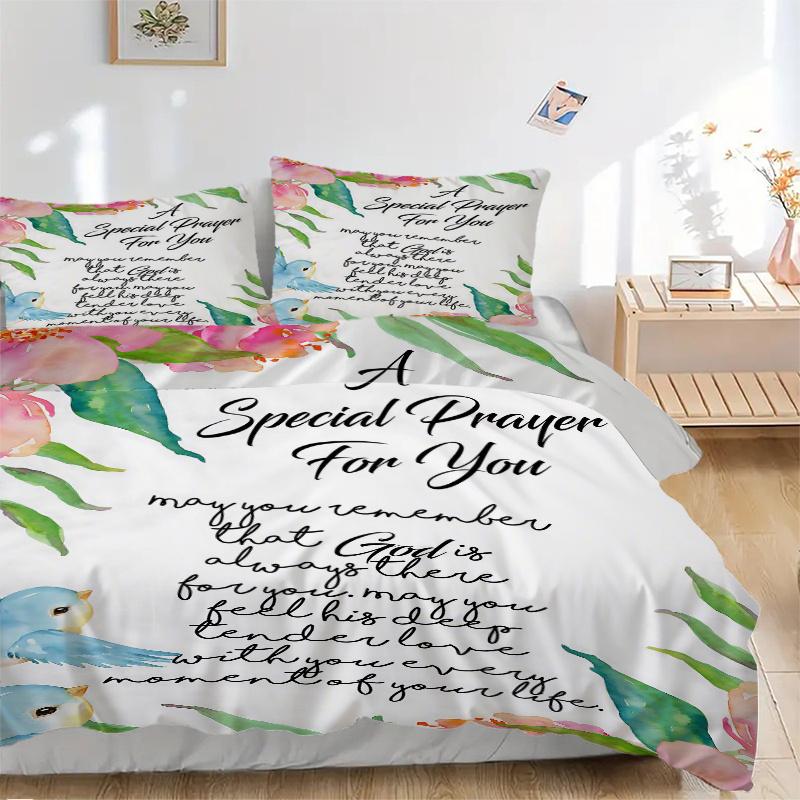 3pcs A Special Prayer for You Printed Quilt Set, Includes 1 Quilt Cover and 2 Pillowcases