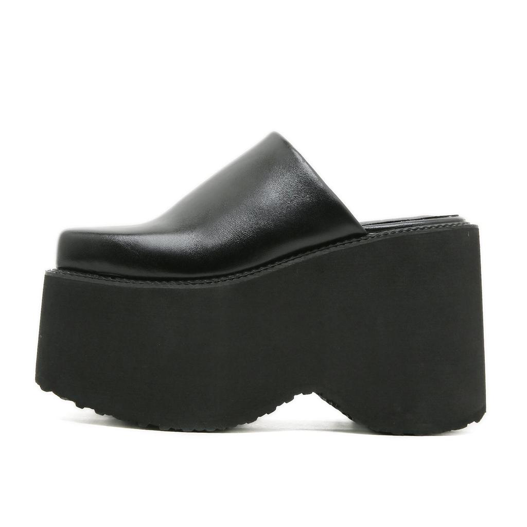 Gdgydh Fashion Square Toe Platform Mules Black PU Slip-On Loafers Thick Heels Comfortable Summer Footwear for Women Slippers
