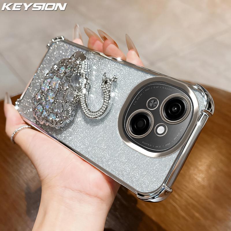 KEYSION Nárazuvzdorné pokovované TPU puzdro na telefón pre TECNO Spark Go 1 1S Go 2025 Trblietavé zdobené labuť so stojanom Zadný kryt pre Pop9 4G