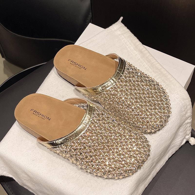 Thick-bottomed mesh rhinestone bag head half slippers women's 2025 summer new outer wear lazy one pedal beach cool slippers