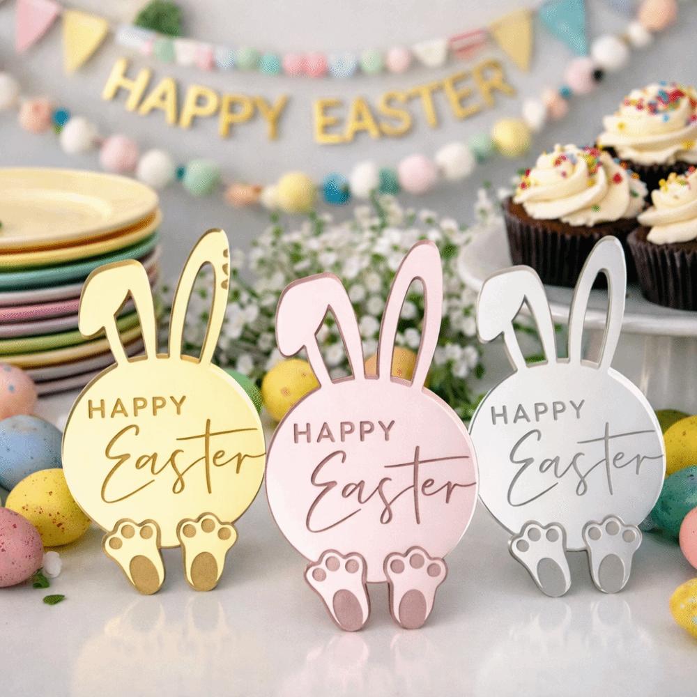 6pcs Acrylic Cupcake Decor Toppers Happy Easter Bunny Pattern Tags Rabbit Cake Toppers Easter Party