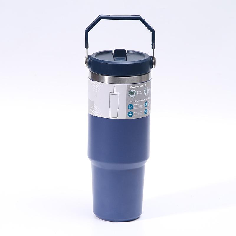 

Стакан для льда из нержавеющей стали объемом 30 унций с ручкой и соломинкой, переносной для автомобиля 40oz (1200ml) темно-синий