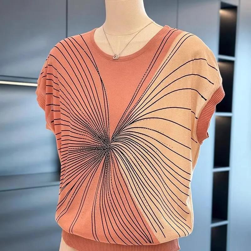 

Модный свитер с короткими рукавами из шелка Ice Silk, женская летняя блузка для мам, темпераментная футболка, универсальная короткая рубашка S розовый