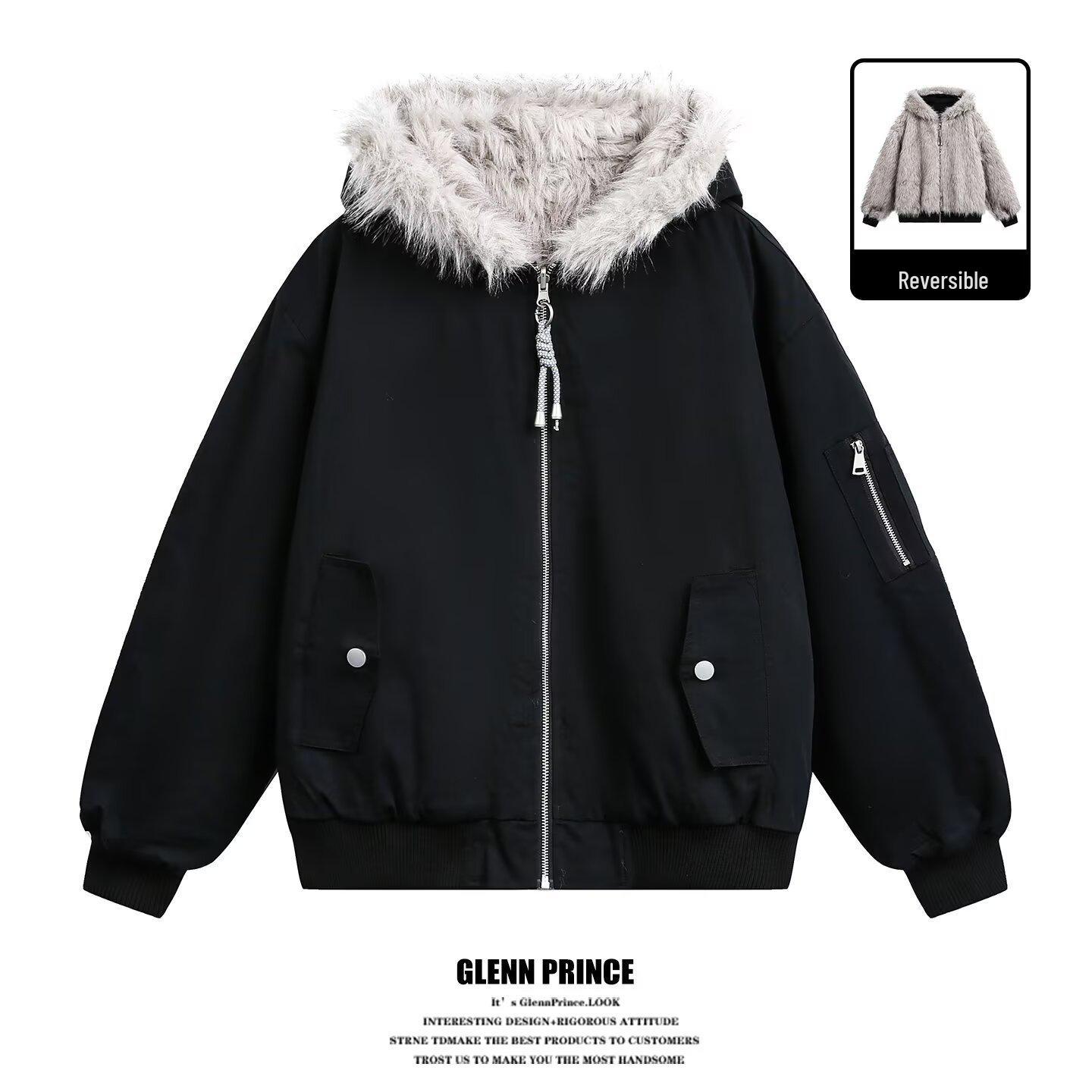 Men s Retro Winter Deconstructed Fur Collar Hooded Jacket Medium