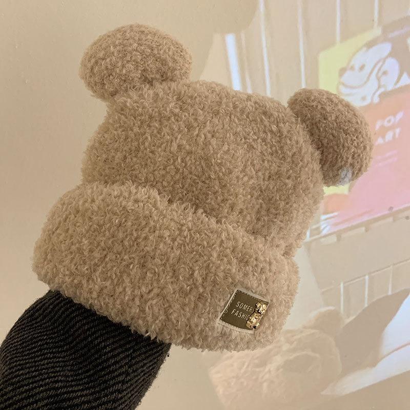 Little Bear Plush Hat with Thick Velvet for Autumn and Winter Cold Protection, Ear Protection, and Warm Knitted Hat