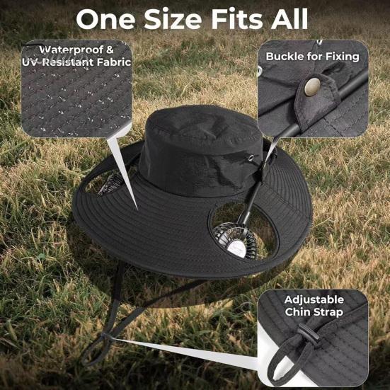 Summer Camping Sun Protection Solar Fan Hat, Cooling Bucket Outdoor Wide Brim Portable Powered Cap Hat with 2 Fans for Fishing, Camping, Hiking, Beach