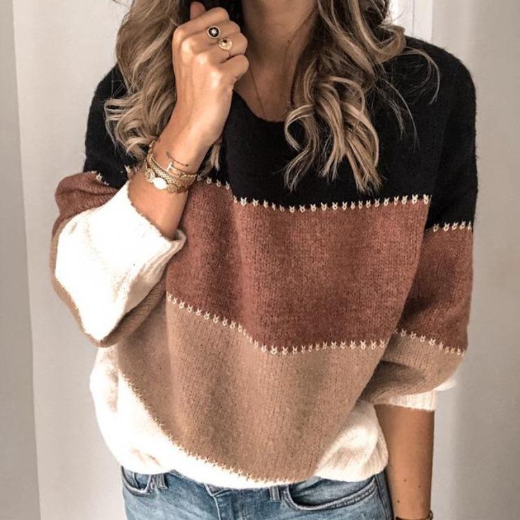 Maglione Pullover a Righe Girocollo Manica Lunga Casual da Donna Autunno Inverno