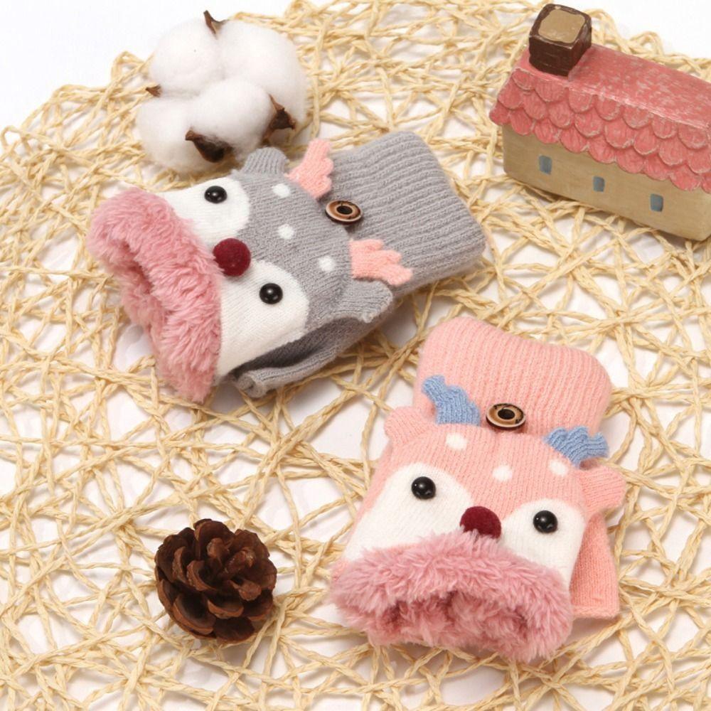 Korean Style Reindeer Plush Gloves Winter Mittens Half Finger Knitted Gloves  Winter