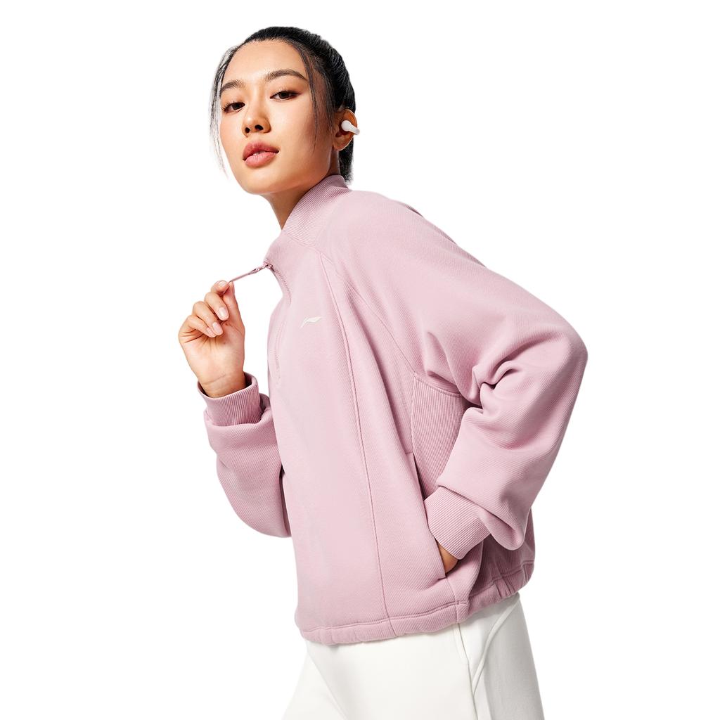Li Ning Fitness Series Fleece Lined Warm Lock Temperature Dry Loose Stand Collar Sweatshirt Women Sweatshirt AWDV946-5