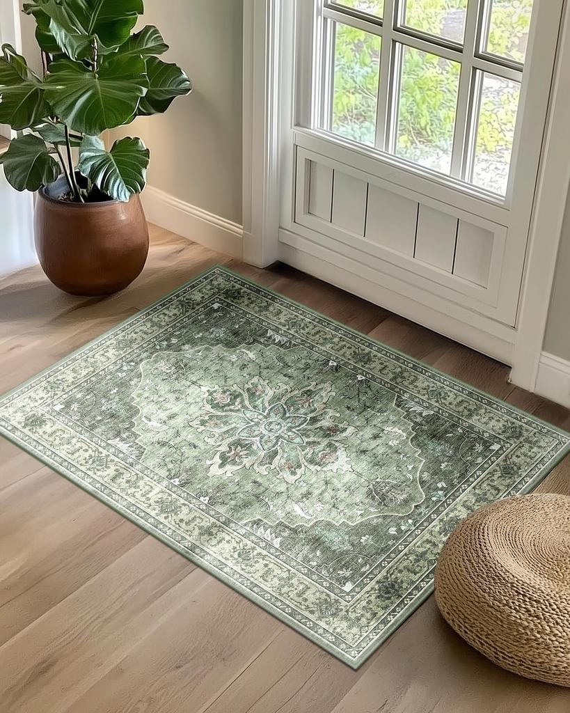 Tappeto Bohémien Vintage con Stampa Floreale, Tappetino Antiscivolo Orientale Consumato Verde Beige per Soggiorno Camera da Letto Arredamento Casa Tappeto
