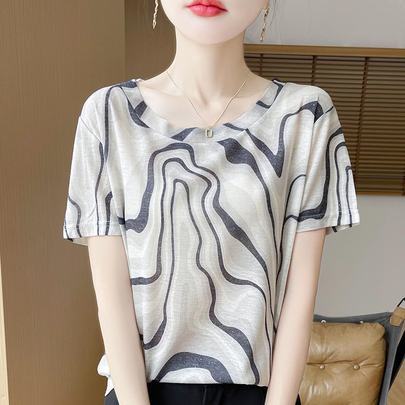 Spring and Summer Round Neck Knitted Short Sleeve T-shirt Women's Printed Loose Bottoming Top