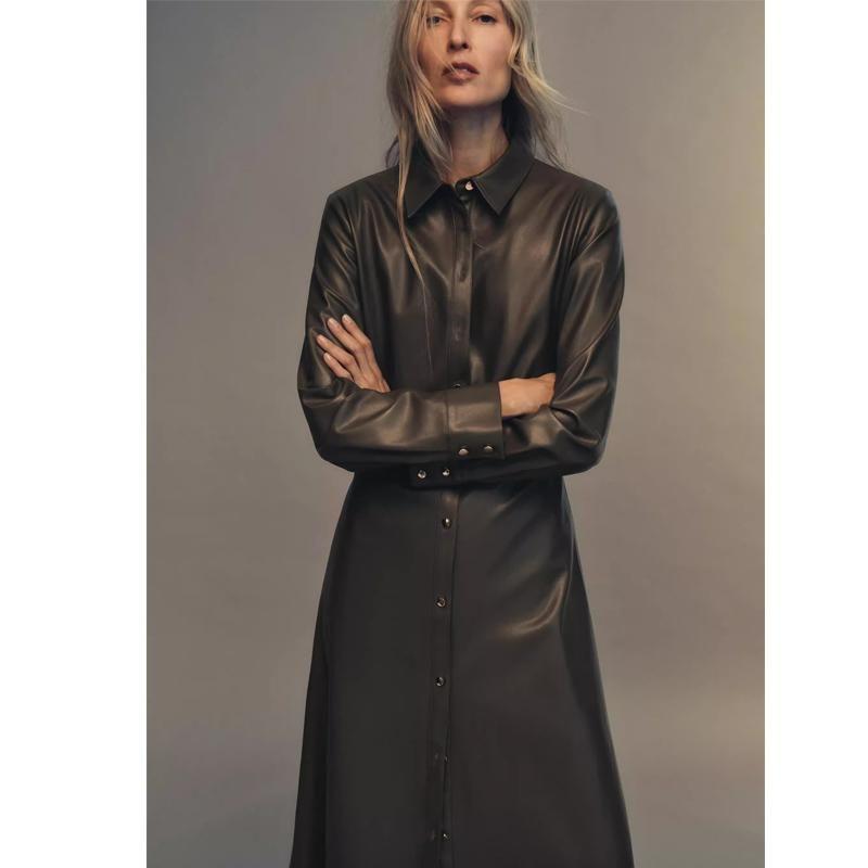 Fall and Winter New Women's Clothing Single-Breasted Faux Leather Shirt with Belt Lapel Long Sleeves Dress 8741283