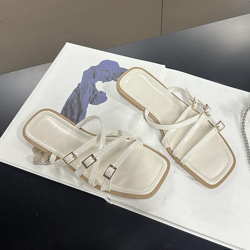

Fashion Big Size 43 Fashion Buckle Ladies Flats Slippers Shoes Square Toe Female Summer Beach Slides Sandals Women Flats Slippers Shoes 35 бежевый