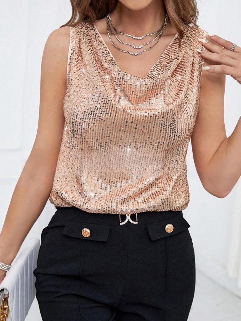 V-Neck Sequin Loose Pullover Tube Top - Sexy Fashion Short Vest for Women