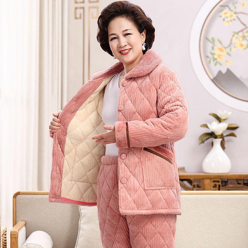 Women's Super Thick Three-Layer Velvet Pajamas - Winter Coral Fleece Quilted Homewear for Adults
